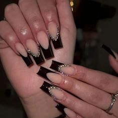 Nude With Black French Tips And Rhinestones Long Square Coffin Shape 24 Count Comes With Jelly Glue And Nail File New In Package Prom Nails Black Dress, Square Press On Nails, Nail Tip, Black French, Fake Nail, Stick On Nails, Square Acrylic Nails