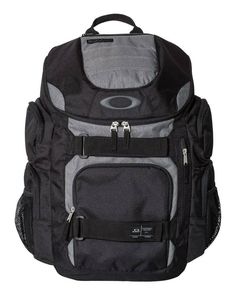 a black and grey backpack on a white background