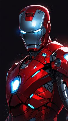 an iron man standing in the dark with his hands on his hips and glowing eyes