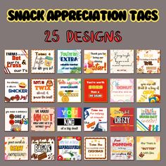 a bunch of cards that have different types of greetings on them with the words snack appreciation tags