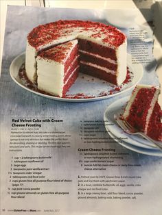 a red velvet cake with cream cheese frosting on a white plate and in front of the recipe