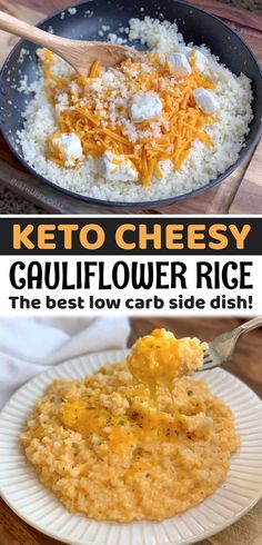 cheesey keto cauliflower rice in a cast iron skillet