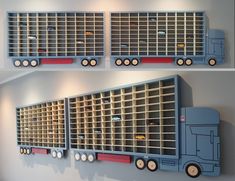 three shelves with different types of toy trucks on them, one is blue and the other is red