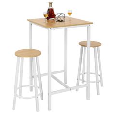 two stools and a table with drinks on it in front of a white background