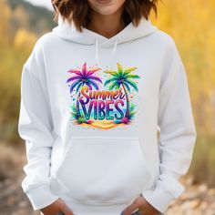 Summer Vibes Hoodie, Colorful Summer Hoodie, Beach Hoodie, Beach Outfits, Tropical, Summer Hoodie, Salty Hoodie, Sunshine Hoodie HOW TO ORDER 1-) Please, check and review all photos 2-) Choose your item size and color 3-) Click add to cart. You can go back to add more product 4-)Click "Proceed to check out" 5-)When you check out, you can add a note to seller for any request PRODUCT FEATURE It's a 50% Cotton /50% polyester, 13.5oz fleece. It features a double-needle collar, shoulders, and armhole Fun Hooded Hoodie With Letter Print, Strand Outfit, Summer Hoodie, Beach Hoodie, Beach Outfits, Tropical Summer, Product Feature, Look Plus, Fabric Softener