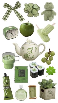 an assortment of green items including a teapot, cup, and other items are arranged on a white background