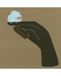 a painting of a hand holding a small toy sheep on it's finger, against a brown background