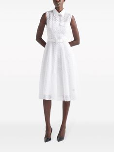 Chic Sleeveless Belted Dress For Daywear, White Belted Dress For Formal Spring Occasion, Classic White A-line Sleeveless Dress, Classic White Sleeveless Midi Dress, White Fitted Belted Summer Dress, Fitted White Belted Summer Dress, White Elegant Belted Dress For Spring, Classic White Sleeveless Dress, Sleeveless Spring Belted Dress For Daywear