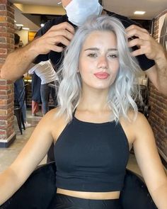 Grey And White Hair Color, Short Silver Platinum Hair, Blond Grey Short Hair, Long Bob White Hair, Silver Hair Transformation, Silver Hair Makeup Looks, Ice Blonde Hair Short, Silver White Hair Color, Platinum Grey Hair Silver