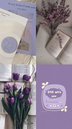 purple flowers are in a vase next to an open book and some books on a table