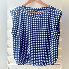 Like Brand New, No Flaws 100% Polyester Width 19 Inches Height 25 Inches Navy Blue And White Basket, Weave Pattern Casual Tank Blouse For Work, Blue Vest Top For Work, White Basket, Basket Weave Pattern, White Baskets, Weave Pattern, Basket Weave, Sleeveless Blouse, Ann Taylor