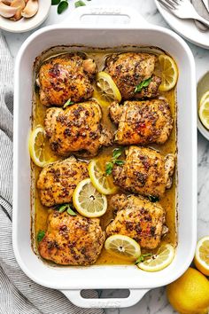 This Greek lemon chicken recipe is the best dinner with juicy, tender, and crisp baked chicken thighs coated in a delicious lemon-herb marinade. Mediterranean Plates, Crisp Chicken, Lamb Koftas, Herb Marinade, Greek Chicken Recipes, Greek Lemon Chicken, Easy Mediterranean Diet Recipes, Lemon Chicken Recipe, Lemon Herb