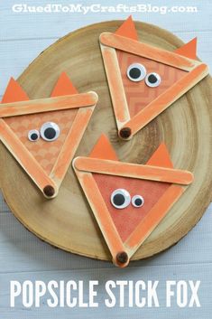 popsicle stick fox craft for kids on a plate with the words popsicle stick fox