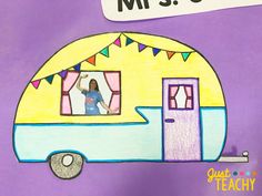 a child's drawing of a camper parked in front of a purple background