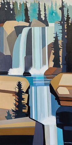 a painting of a waterfall with trees in the background