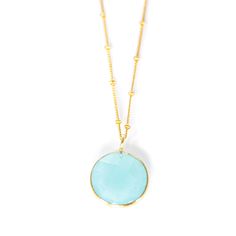 Our beautiful Hannah necklace is simple yet elegant. You can dress up or down with any of our other pieces of jewellery.   Each stone is organically cut and unique, with no two stones looking the same making each jewellery very special.    This Aqua Chalcedony stone is known to be a sacred stone to the Native Americans, using it to promote stability during their ceremonial activities. It is still in use today for meditations.  The Aqua Chalcedony is associated with the throat chakra. This stone is believed to help with stage fright and public speaking. 14k Gold Vermeil Sterling Silver Aqua Chalcedony Gemstone Size of stone 16mm diameter  All of our stones are natural and ethically sourced.  Our jewellery is presented in a gorgeous green and gold box. Yellow Gold Chalcedony Necklace As Gift, Modern Round Natural Stone Necklaces, Delicate Round Necklace With Natural Stones, Delicate Round Natural Stones Necklace, Delicate Round Natural Stone Necklace, Chalcedony Natural Stone Round Necklaces, Elegant Chalcedony Gemstone Necklace, Turquoise Necklace For Everyday Elegance, Chalcedony Necklaces With Natural Stones