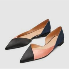 New With Tag Navy Blue, Pink & Black Flat Satin Shoes In Contrasting Colors. Asymmetric Detail At Sides Of Upper. Pointed Toes. Heel Height 1 Cm/ .3" Size Eu39/Us9 Minor Marks On The Last Picture Due To Sharp Tag S70 Zara Loafers, White Loafers, Patent Loafers, Metallic Flats, Chunky Loafers, Satin Shoes, Zara Leather, Lace Up Flats, Slingback Shoes