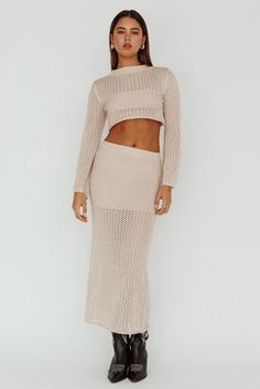 Shop the Bayside Crochet Midi Skirt Beige | Selfie Leslie Crochet Midi Skirt, Pink Dress Shoes, Brunch Dates, Crochet Midi, Brunch Dress, Yellow Bridesmaids, Knit Midi Skirt, Pool Parties, Blue Bridesmaids