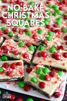 no bake christmas squares on a white plate with green and red candy candies