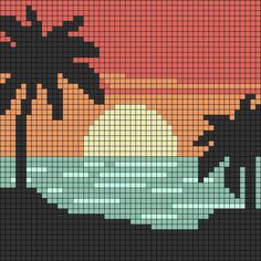 a cross stitch pattern with two palm trees and the sun setting in the distance behind them