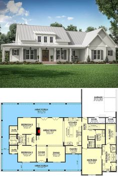 the floor plan for this modern farmhouse house is very large and has two master suites