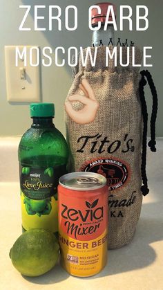 the ingredients to make zero carb moscow mule are shown in front of a bag