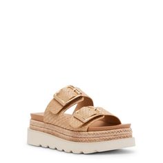 Madden Girl's Mythicall is our beloved flatform sandal. This style is the perfect style for summer because it can be dressed up or dressed down depending on your outfit! With two buckles and a platform, this is the style to elevate any outfit. Comes in multiple colorways. Size: 9.5.  Color: Beige.  Gender: female.  Age Group: adult. Trendy Platform Footbed Sandals, Trendy Platform Footbed Sandals For Spring, Trendy Flat Platform Footbed Sandals, Trendy Buckle Closure Wedge Sandals For Vacation, Spring Platform Footbed Sandals In Synthetic, Summer Platform Footbed Sandals In Synthetic, Summer Beige Platform Footbed Sandals, Beige Platform Footbed Sandals For Summer, Summer Platform Footbed Sandals For Spring