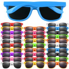 many pairs of sunglasses with different colors on them