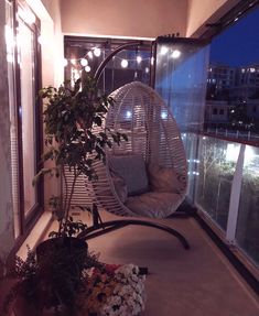 a hanging egg chair in the corner of a room with a plant next to it