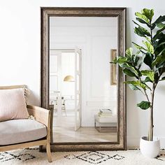 a mirror sitting next to a chair and a potted plant