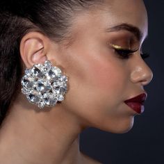 Whether you prefer clip-on or pierced, we've got you covered. These dramatic earrings are the perfect accessory for any occasion - composed using a mix of crystals to build the 55mm large design, you wont go unnoticed in this statement pair.  *Premium crystal, ultra sparkle, maximum impact! *Total size measures 55mm *Silver Plate *Weighs 23g per earring *Clip on or Pierced option available, select at cart when purchasing. Each pair include our branded Staged Jewels drawstring bag to keep these i Dramatic Dress, Dress Earrings, Crystal Cluster Earrings, Dramatic Earrings, Large Stud Earrings, Heavy Earrings, Wales Uk, Womens Earrings Studs, Crystal Buttons