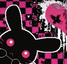 a pink and black bunny rabbit sticker sitting on top of a checkered wall