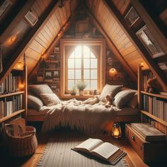 an attic bedroom with bookshelves and a bed