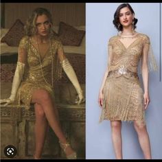 Flapper, Gold Beaded, New/Unused Lady Phoebe You Outfits, Lady Phoebe You, Wedding Fringe, Art Deco Bridesmaids, Jazz Wedding, Flapper Wedding, Great Gatsby Art, 20s Dresses, Jazz Dress