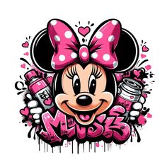 minnie mouse with pink hair and polka dots on it's head, surrounded by spray paint