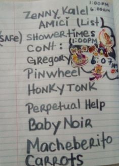 an open notebook with writing on it that says baby noir and machebia carrots