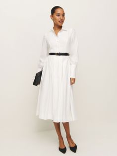 How classic. Shop the Ambra Dress from Reformation, a long-sleeve midi dress with a collared neckline, button front, and puff sleeves. Extra Dresses, Classic Midi Dress, Skirt With Pleats, The Reformation, Heads Up, Long Sleeve Midi, Flowy Skirt, White Midi Dress, Long Sleeve Midi Dress