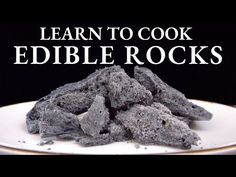 a white plate topped with rocks on top of a black background and the words learn to cook edible rocks