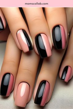 10 Gorgeous and Easy Pink and Black Nail Art Ideas Black With Colour Nails, Black Pink White Nails, Funky Black Nails, Nail Designs With Stripes, Stripe Nail Designs, Striped Nail Art, Two Color Nails, Latest Nail Designs, Nail Art Stripes