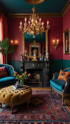 a living room filled with furniture and a chandelier above a fire place in front of a fireplace