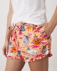 Matching Halloween Pjs, Halloween Pajama Pants, Halloween Pjs, Ruffled Shorts, House Cats, Cotton Pajama Pants, Halloween Pajamas, Satin Set