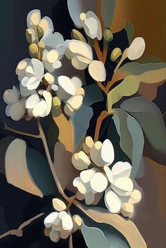 a painting of white flowers on a black background