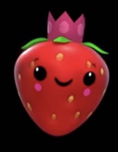 a red strawberry with a smiling face and a pink bow on it's head