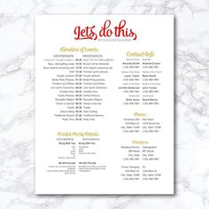 the let's do this wedding program is displayed on a marble table with red and yellow lettering