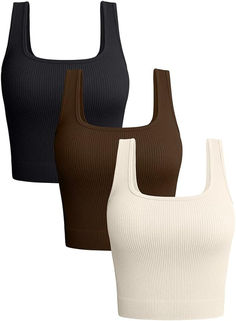 OQQ Women's 3 Piece Tank Tops Ribbed Seamless Workout Exercise Shirts Yoga Crop Tops Beige Clothing, Not Wearing A Bra, Yoga Crop Tops, Women's Tank Tops, Ribbed Crop Top, Cropped Tops, Long Torso, Athleisure Outfits, Tops Black