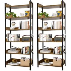 two bookshelves with different types of books on top of each shelf, one is open and the other closed