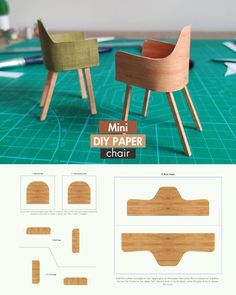 the instructions for making a miniature wooden chair and table with paper cut outs on it