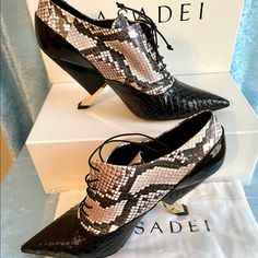 Brand New Casadei With Delicate Front Lace-Up, Snake Embroidered, Combination Of Nappa And Traditional Leather, Geometric Sculptured 3.75” Heel With Metallic Detail Curves And Confidence, Fantastic Shoes, Glad Rags, Casual Shoes Women, Boot Shoes Women, Ankle Booties, Women's Shoes, Black Gray, Bootie Boots