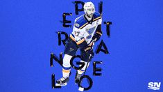 an ice hockey player with the st louis blues on his jersey and helmet, running in front of blue background