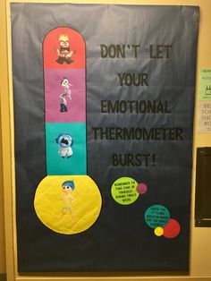 Thermometer Bulletin Board, School Social Work Bulletin Board Ideas, Inside Out Counseling Office, Social Emotional Bulletin Board Ideas Preschool, Inside Out Classroom Door Decorations, Inside Out Door Theme, Inside Out Themed Classroom, Inside Out 2 Classroom Theme, Feelings Bulletin Board Ideas